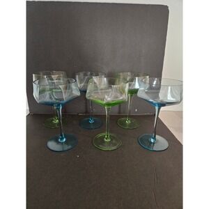 6 Hexagonal Coupe Glasses Blue Green Tinted Stem Mid Century Modern Barware